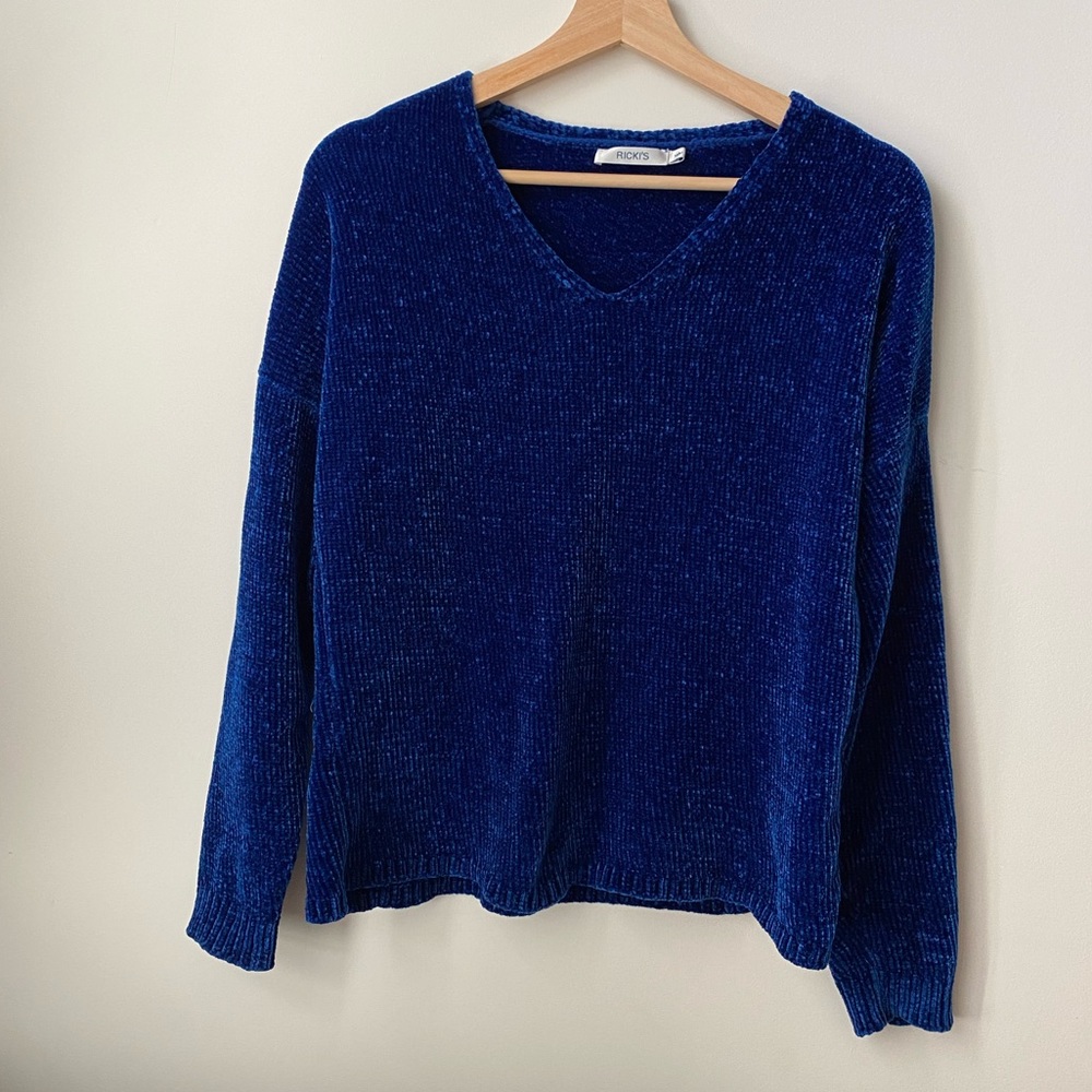 Deep blue velvet like v neck sweater